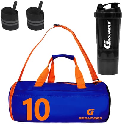 GROUPERS Combo Set of Duffle Polyester Bag with Shaker Bottle-500ml & Wrist Band (Blue 10)