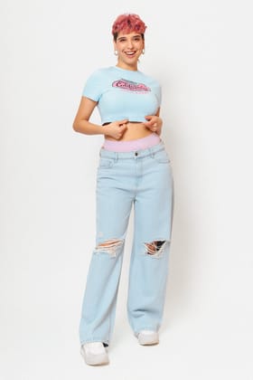 Light Blue Distressed Women's Wide Jeans 26