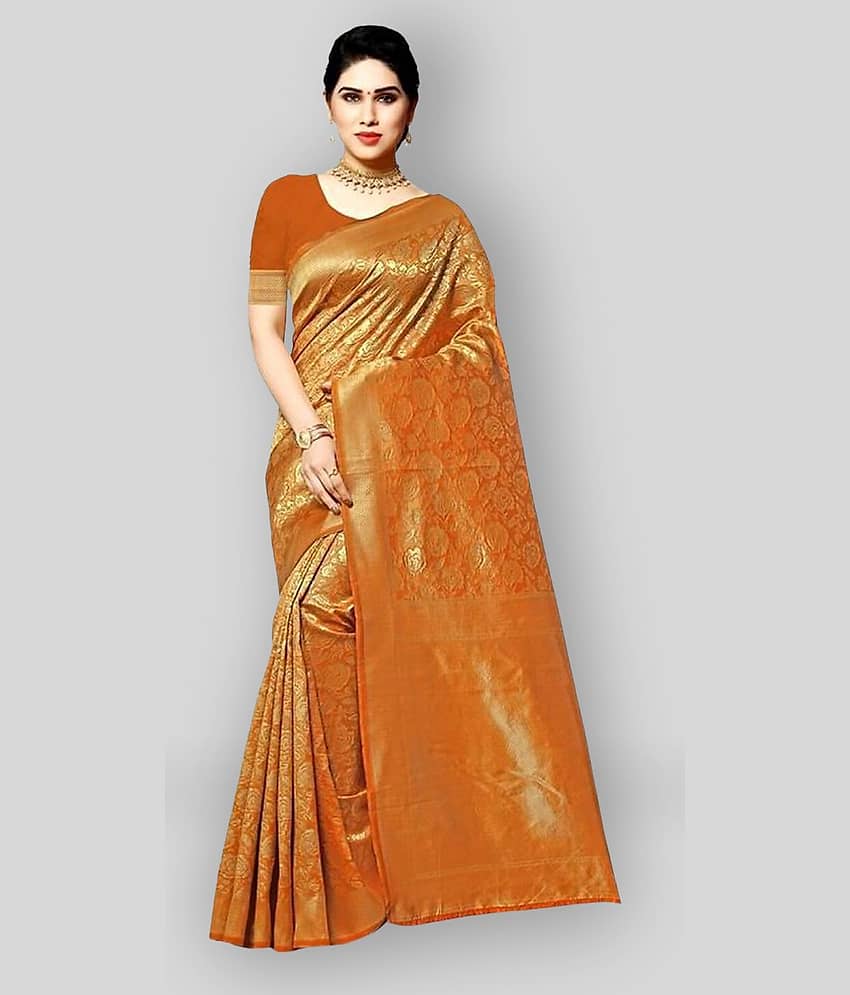 NENCY FASHION Banarasi Silk Printed Saree With Unstitched Blouse Piece ( Orange )
