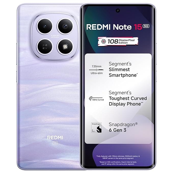 REDMI Note 15 5G (Mist Purple, 8GB RAM 128GB Storage) | 108MP OIS Camera | Snapdragon 6 Gen 3 | 17.2cm Tough Curved AMOLED Screen | Segments Slimmest Phone | 5520mAh Si/C Battery | 45W Fast Charging