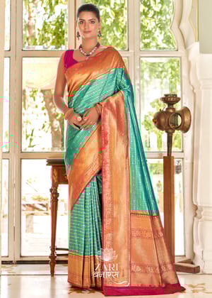 Ananda : Silver and Gold Zari Striped Kanjivaram Saree in the Shades of Blue and Red