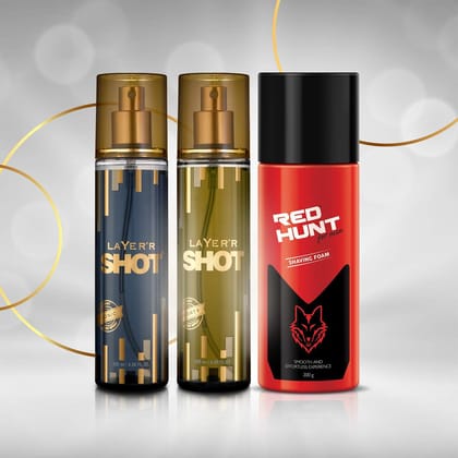 Layer'r Shot Gold Iconic Fragrant Body Spray 135ml + Layer'r Shot Gold Sporty 135ml & Get Red Hunt Shaving Foam 200g