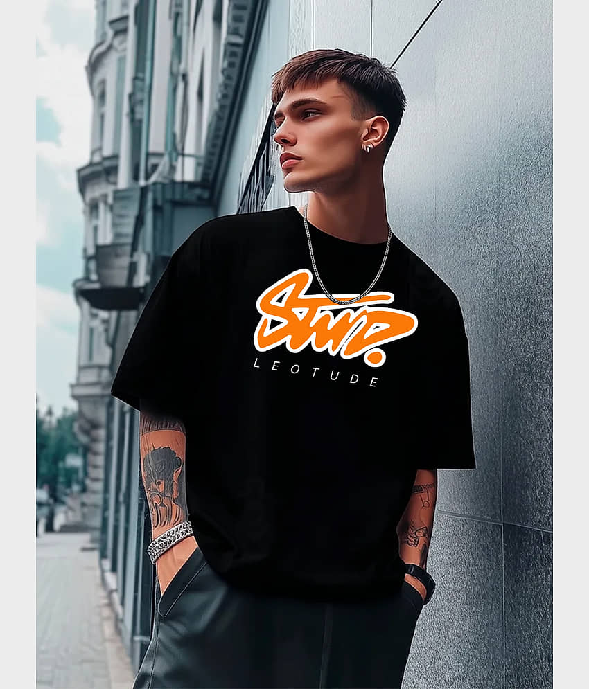 Leotude Men Cotton Blend Oversized Fit Printed T-Shirt ( Black )