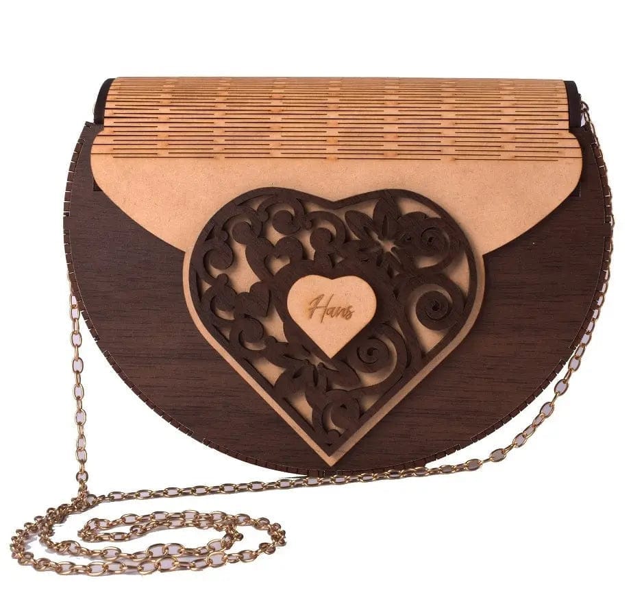 Handcrafted Wooden Heart Engraved Handbag with Gold Chain Strap - Stylish Eco-Friendly Crossbody Bag for Perfect Rakhi Festival Gift for sister