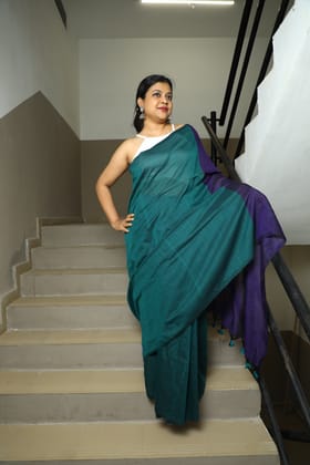 Ocean Breeze-Handloom Khadi Cotton / Teal Green and Purple / Khadi Cotton