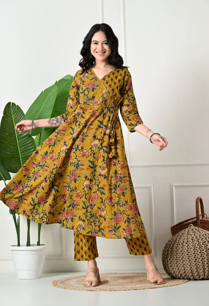 Angrakha Style Anarkali 12-Kali Kurta Set with Dupatta | Handcrafted with Elegant Badla Work