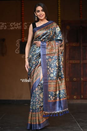 Raaga~ Greyish Blue Handloom Pure Tussar Silk with Kalamkari and Floral Prints