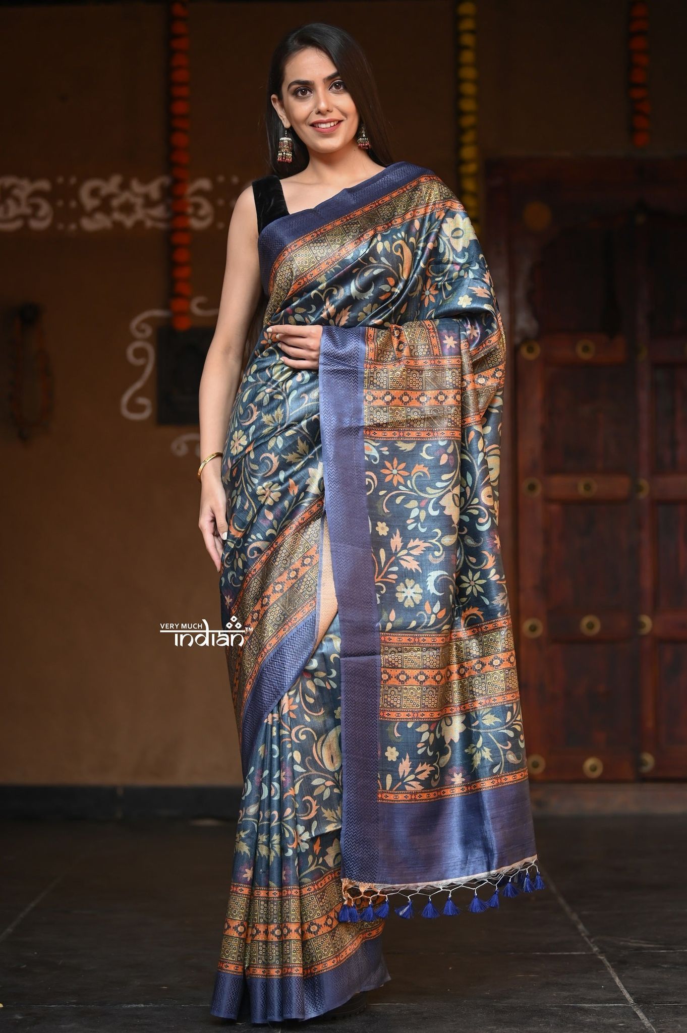 Raaga~ Greyish Blue Handloom Pure Tussar Silk with Kalamkari and Floral Prints