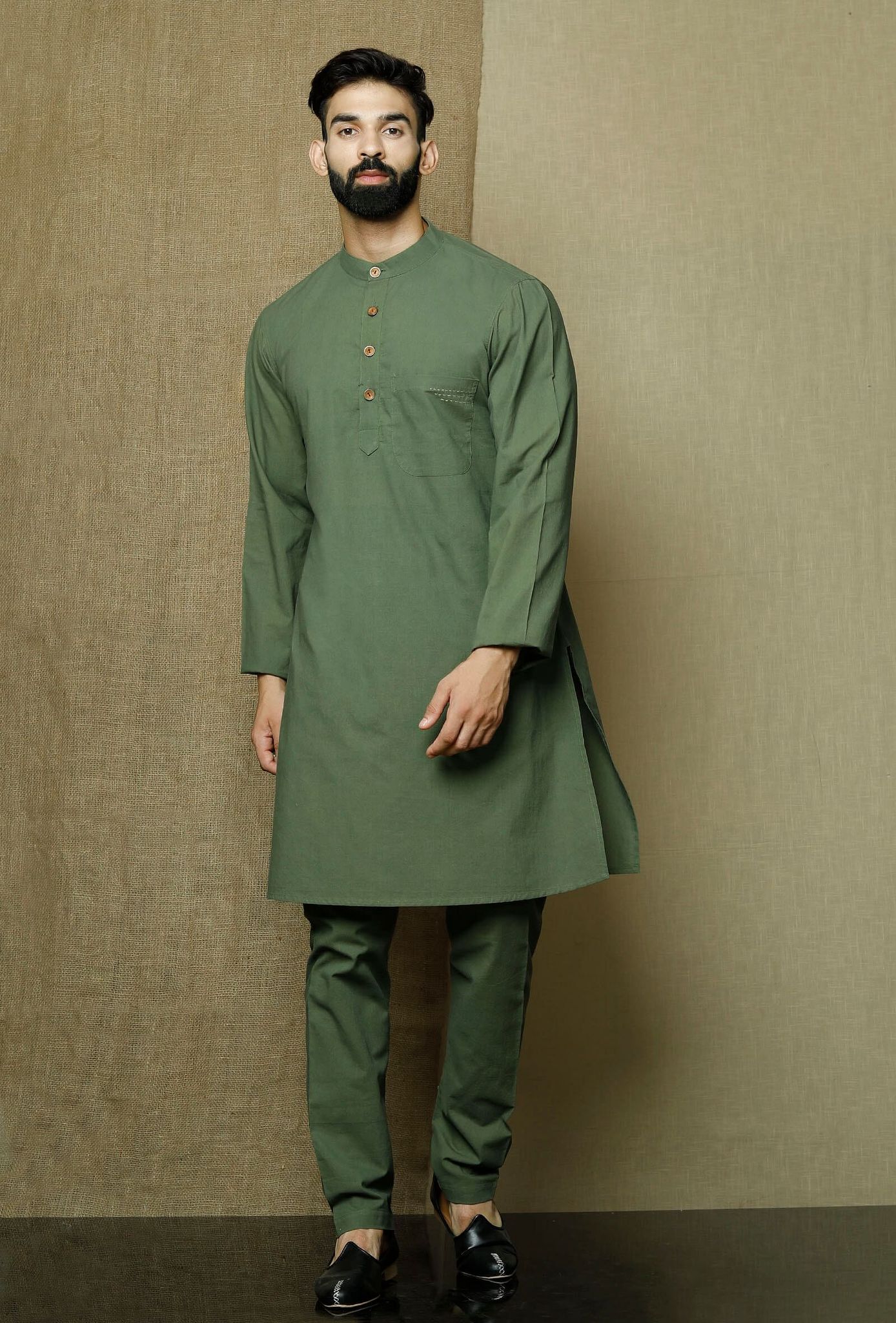 Set of 2:Moss Green Cotton Cambric Kurta and Pyjama-38