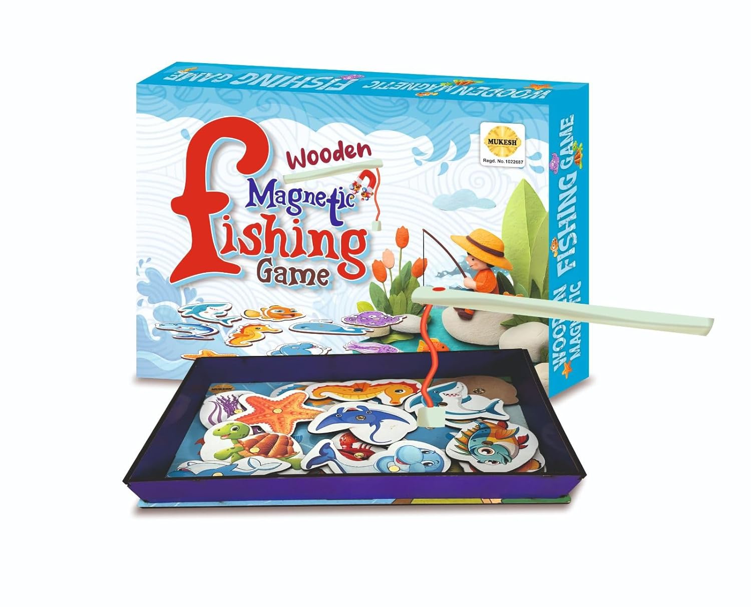 MUKESH Wooden Magnetic Fishing Game Toy 15 Pieces with 2 Rods and Tray for Kids