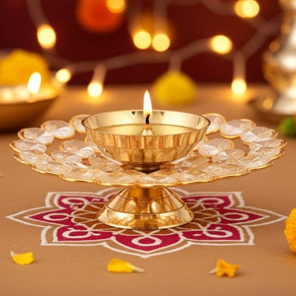 Brass Table Decor Oil Lamp Crystal Deepak  - Ceiling Hanging Oil Lamp for Aarti, Height : 1 Inch (ZMAS217 A)