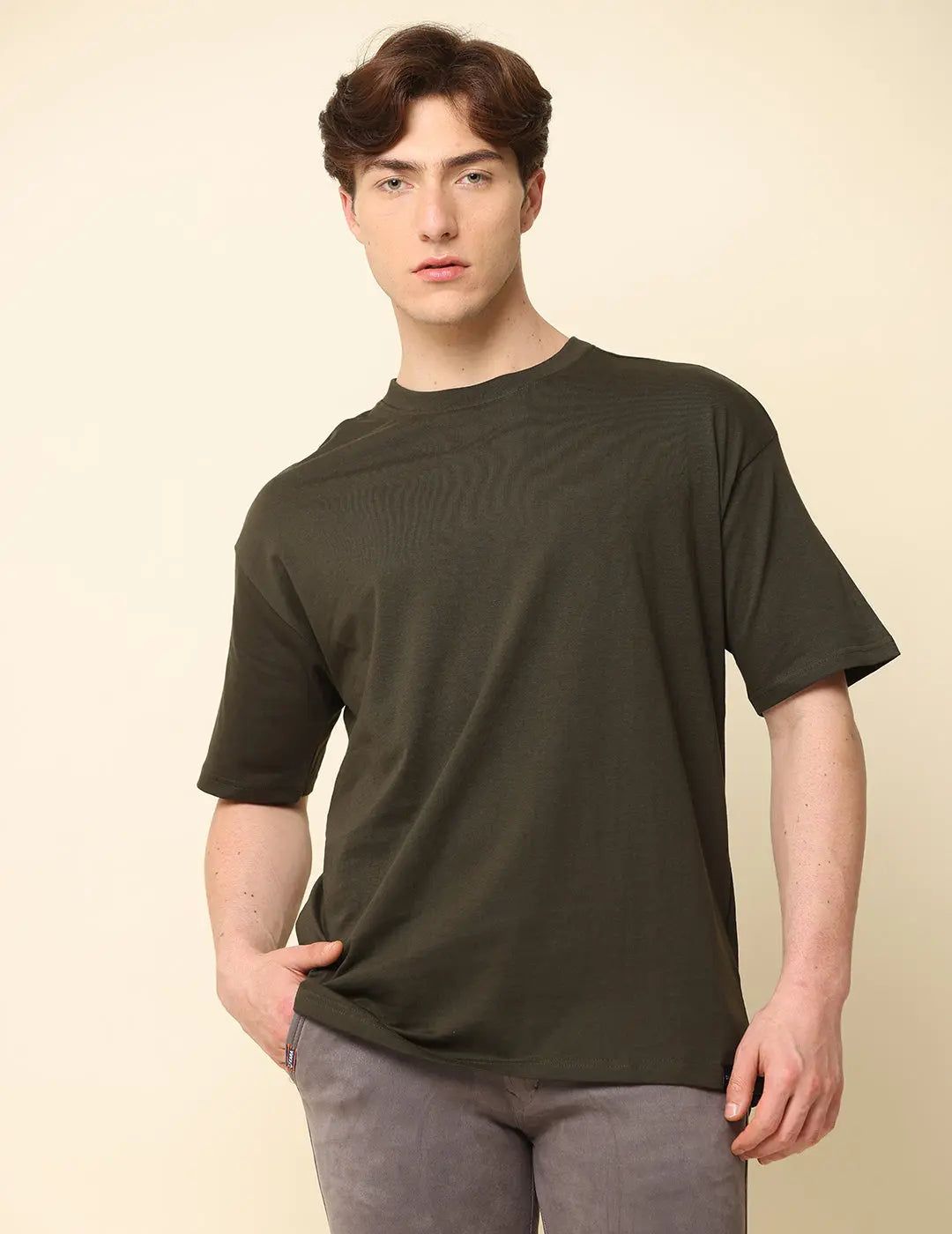 Men Dark Olive Solid Oversized T-Shirt-S / Dark Olive