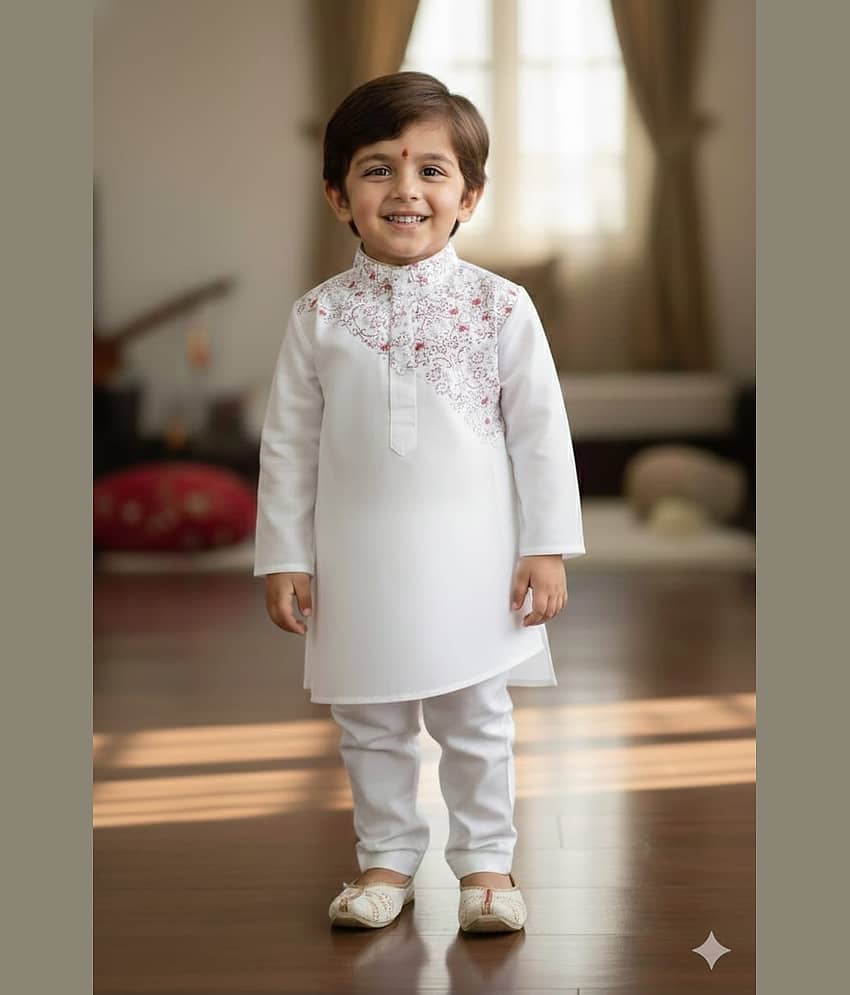 s muktar garments Baby Boys Cotton Blend White Kurta Pyjama Set ( Pack of 1 )