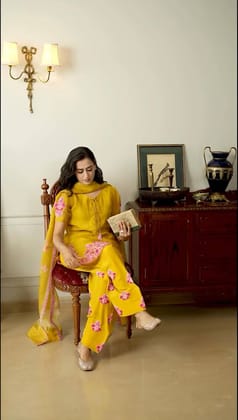 Natural Crepe Silk Top-Bottom And Dupatta Set-Yellow / M