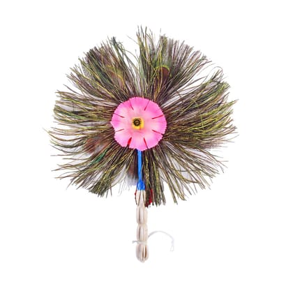 MAYAPURI Peacock Feather/Morpankh Pankha/More Pankh Fan Round Shape (15 inches)