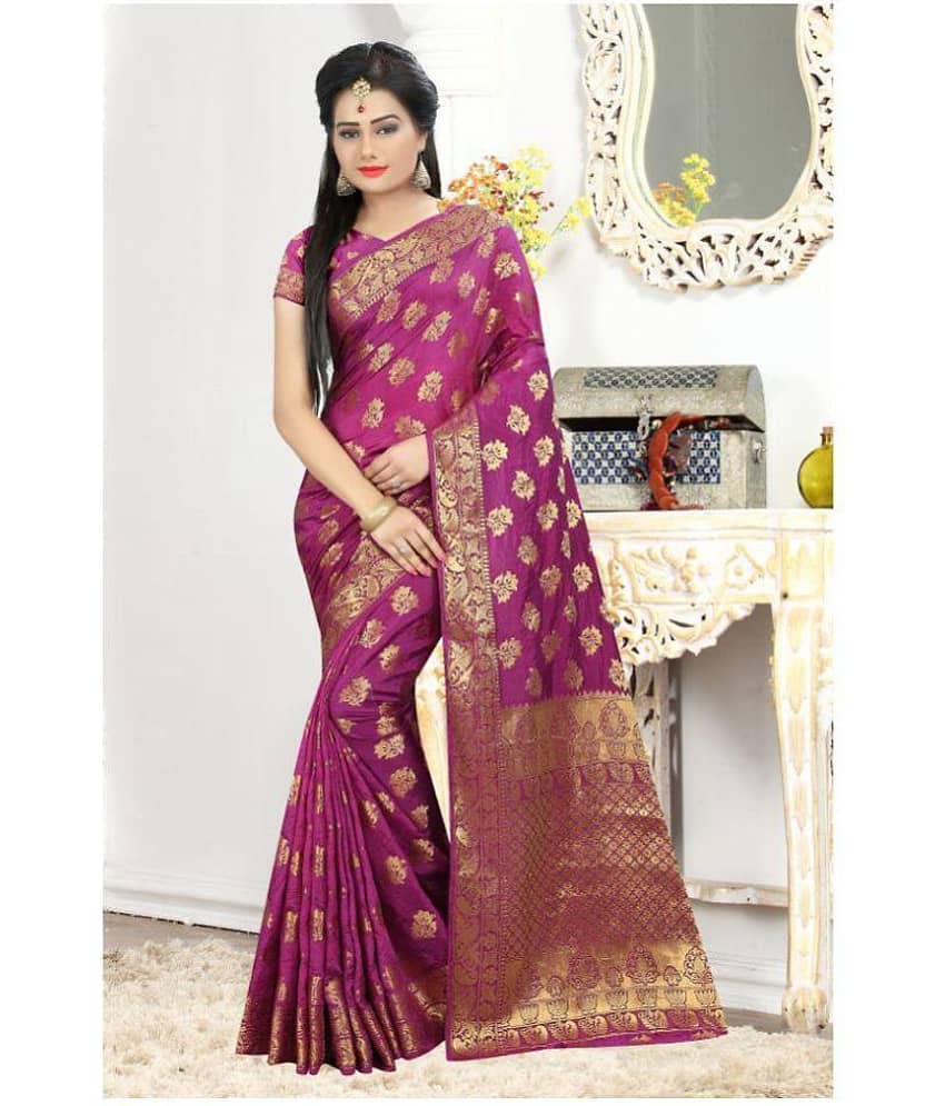 Gazal Fashions Banarasi Silk Printed Saree With Unstitched Blouse Piece ( Purple )