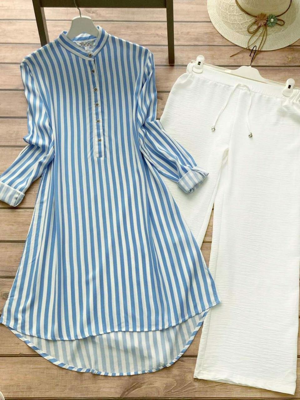 Tiffany Light Blue Line Designing and Traditional Wear Kurti with White Palazzo by GlamaStitch-M