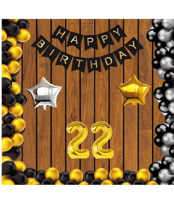 Jolly Party   22 no Gold Foil Balloons + Happy Birthday Decoration Black Banner Set of 13 Letters with 30 HD Metallic Gold , Silver & Black Balloons + 1 Gold & 1 Silver Star Foil Balloons Pack of 47