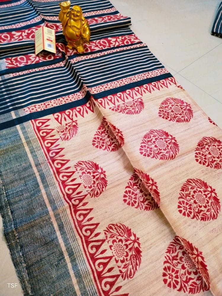 Silkmark Tussar Serene Blockprint Red & Blue Saree