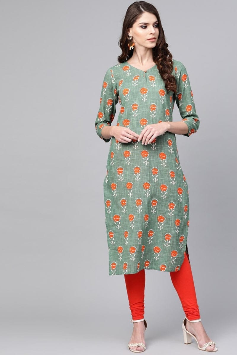 Women Casual Wear Cotton Fabric Sea Green Printed Trendy Kurti VCK1306