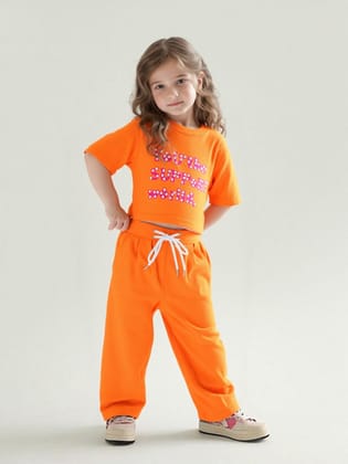 Girl's Orange Pearl Causal Co-Ord  Set [GCS-7658](4-12 Years)-5-6Y (Size - 26) / Ribbed