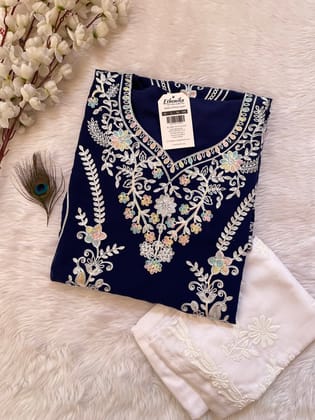 Chikankari Work Kurti Palazzo Set (Stitched)-Blue / M(38)