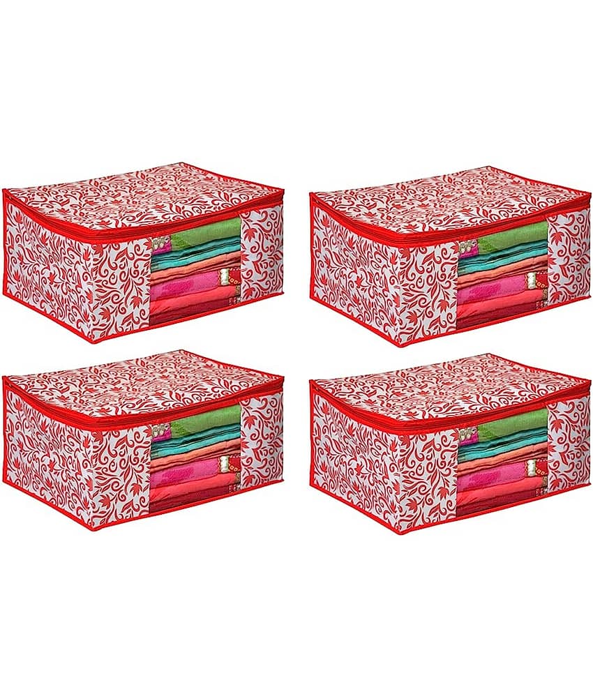 Non-Woven Saree Cover Cloth Storage & Organizer ( Pack of 4 ) Red Multi Saree Cover