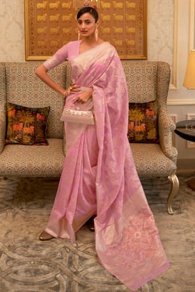 Melon Pink Linen Silk Saree With Sequence Work