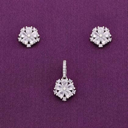 Crystal Cut Floral Silver Pendant & Earrings Set-White Stone / Silver