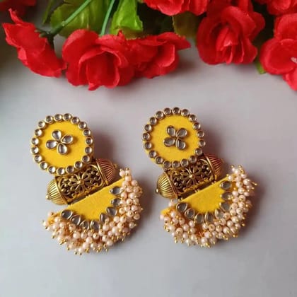 YELLOW FEBRIC JUMKHA EARRINGS WITH PEARLS AND STONES (PACK OF 1) YELLOW FEBRIC JUMKHA EARRINGS WITH PEARLS AND STONES (PACK OF 1)