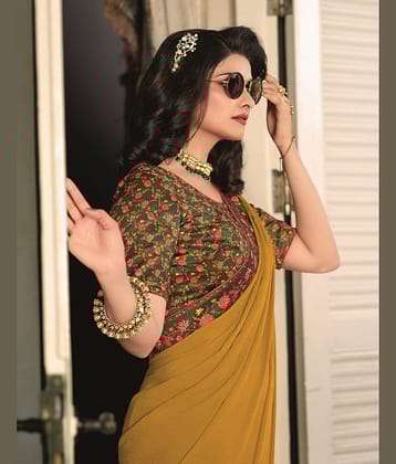 Gazal Fashions Georgette Printed Saree With Unstitched Blouse Piece ( Mustard )