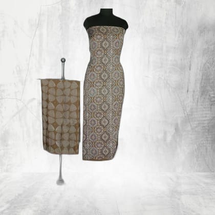 Ethnic Printed Unstitched Dress Material (Brown) | Geometric & Floral Motifs | Ethnic Casual