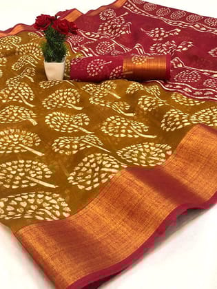 Slub Cotton Dabu Print Saree - Mustard Yellow