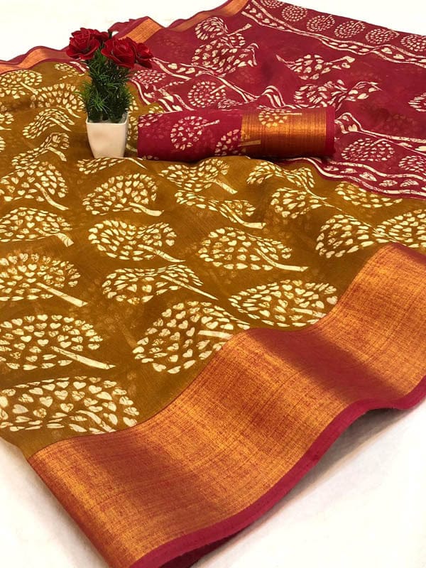 Slub Cotton Dabu Print Saree - Mustard Yellow