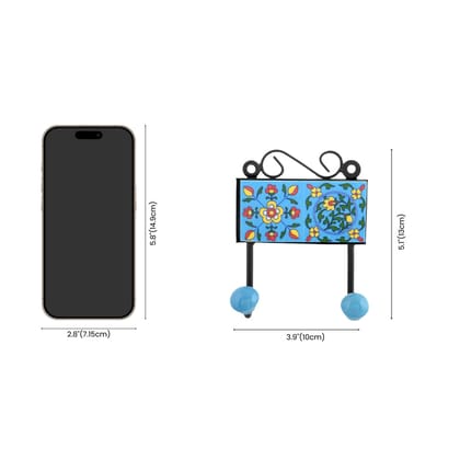 Blue Pottery Inspired  Decorative Key HolderTurquoise2 Hooks