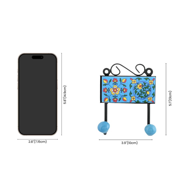 Blue Pottery Inspired  Decorative Key HolderTurquoise2 Hooks