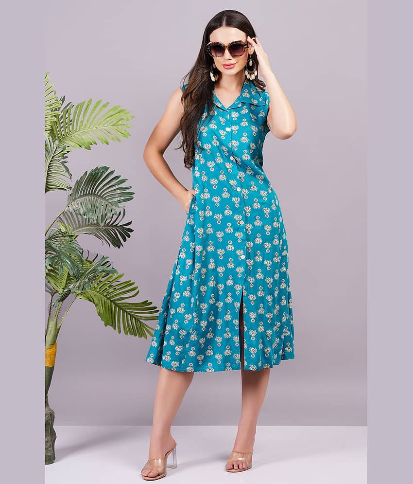 JC4U Women Rayon Printed Shirt Dress ( Teal )