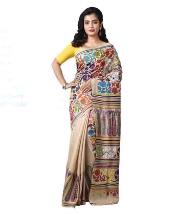 Beige tussar silk hand embroidery bengal kantha stitch saree