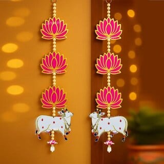antiq world Engineered Wood Handmade Lotus with Cow  Jhumki Ganpati Diwali Home Decoration MDF Floral Wall Hangings Tem