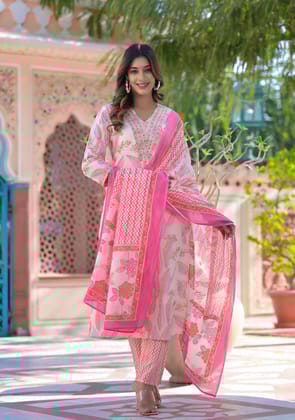 White-Pink Cotton Print Kurta Pant Set with Dupatta-M