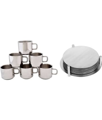 Dynore Steel 6 Cup&round coaster Double Walled Tea Set 7 Pcs 120 ml