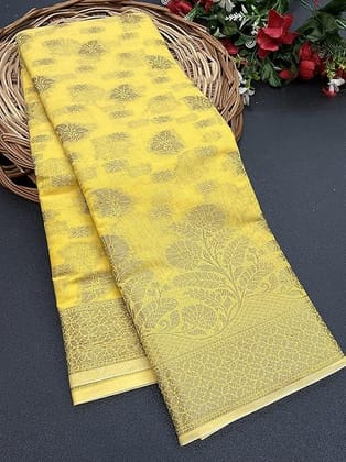 Women's Kanjivaram cotton Silk Saree Banarasi With Blouse Piece (YELLOW)