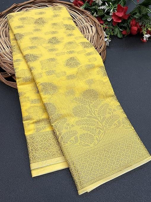 Women's Kanjivaram cotton Silk Saree Banarasi With Blouse Piece (YELLOW)