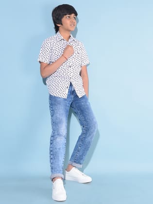 White Printed 100% Cotton Shirt-7-8Y / White