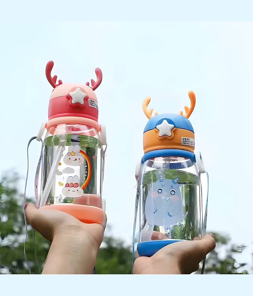 SARVASHVA TRENDS Cartoon Water Bottle with Straw Multicolour Plastic School Water Bottle 600 mL ( Set of 1 )