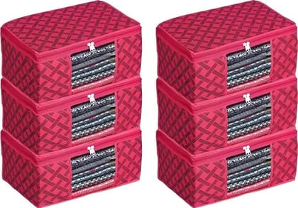 Bindian Multipurpose Saree Cover for Wardrobe Storage | Premium Non-Woven Fabric Cloth Organizer Box with Transparent Window & Zipper | Ideal for Storing Sarees & More (Red Lining, Pack of 6)