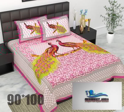 2001-Bedsheet Adda-Pure Cotton Jaipuri Printed Double Bedsheet With 2 Pillow Covers-FULL MOOR BLUE