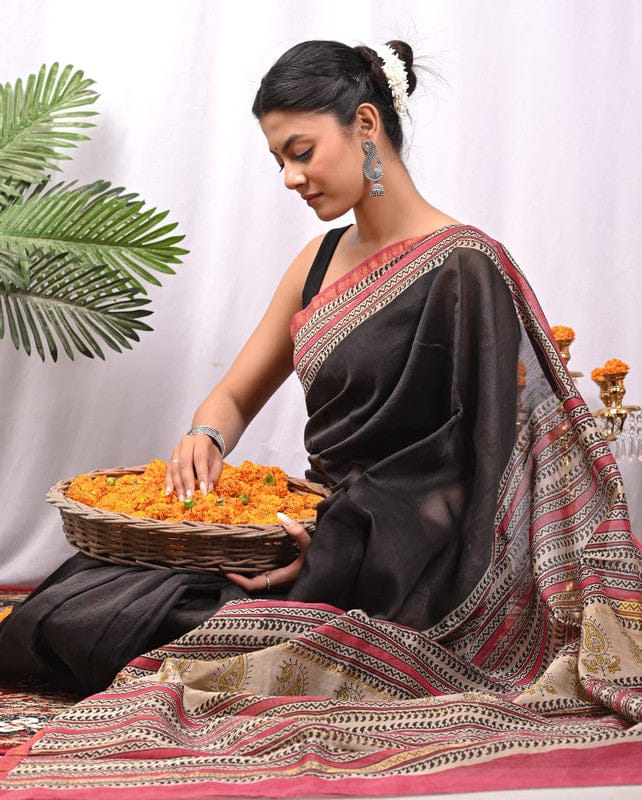 CHANDERI SILK BAGRU PRINT SAREE WITH ZARI BORDER