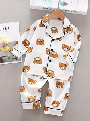 Printed White Satin Co-ord Set for Boys and Girls-1-2 year