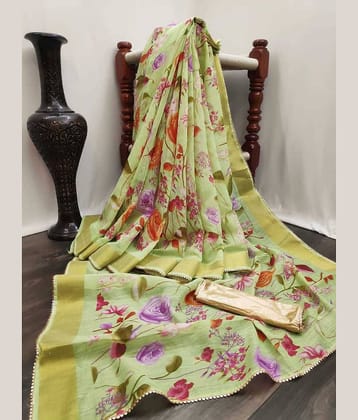 Kanooda Prints Linen Printed Saree With Unstitched Blouse Piece ( Multicolor )